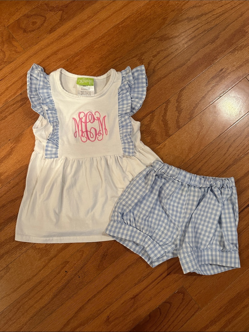 Classic Whimsy White Top & Light Blue Gingham Ruffle Set with Pink Monogram